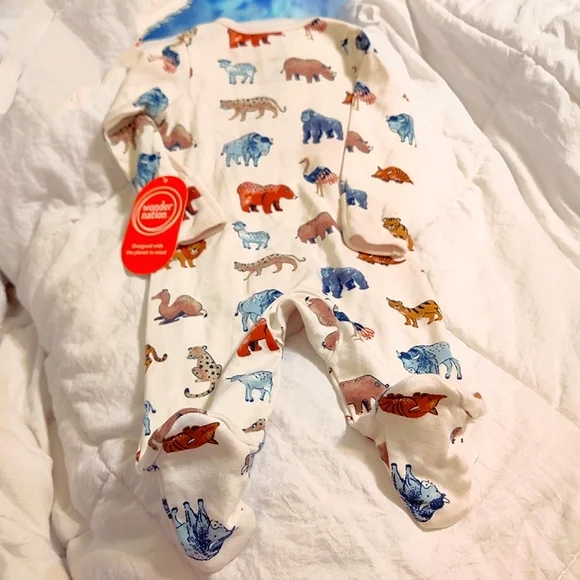 🧮6/$20 Wonder Nation Unisex PJs x2 Ivory & Safari Animals Sz. 0-3 mos - Picture 4 of 9